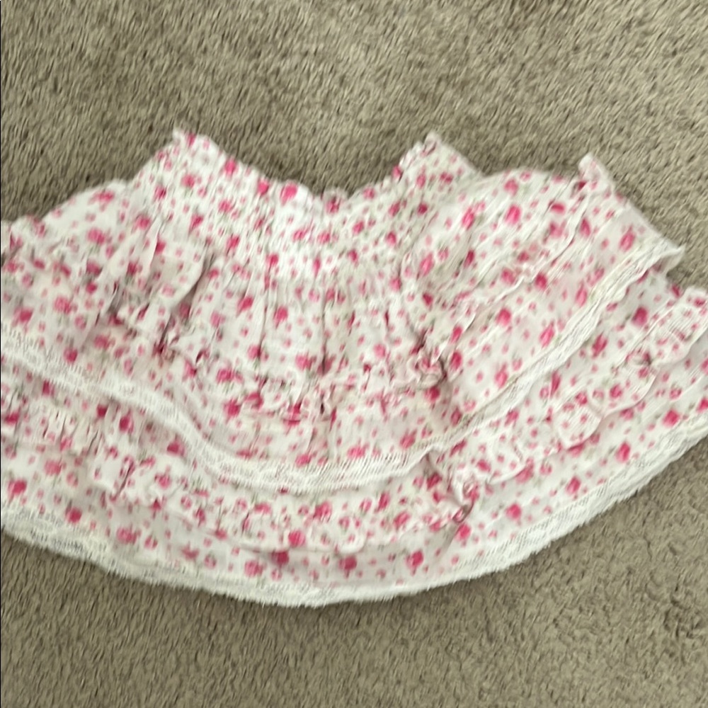 LoveShackFancy White and Pink Floral A-Line Skirt